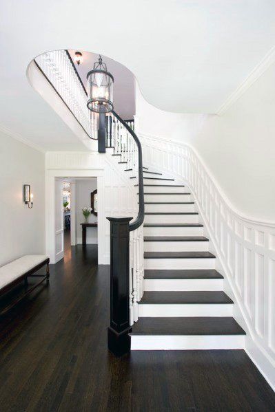 Top 60 Best Stair Trim Ideas - Staircase Molding Designs Black And White Staircase, Stairs Trim, White Staircase, Hall Ideas, Traditional Staircase, Stair Rail, Hardwood Floors Dark, Floor Stain, Best White Paint