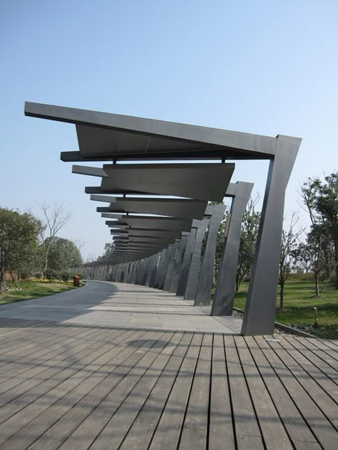 Hangzhou New CBD Waterfront Park | Hangzhou China | KI Studio  #structure #trellis #china #walkway Pedestrian Walkway Design, Walkway Design Architecture, Walkway Canopy, Walkway Architecture, Canopy Structure, Waterfront Design, Shade Design, Landscape Pergola, Pergola Architecture