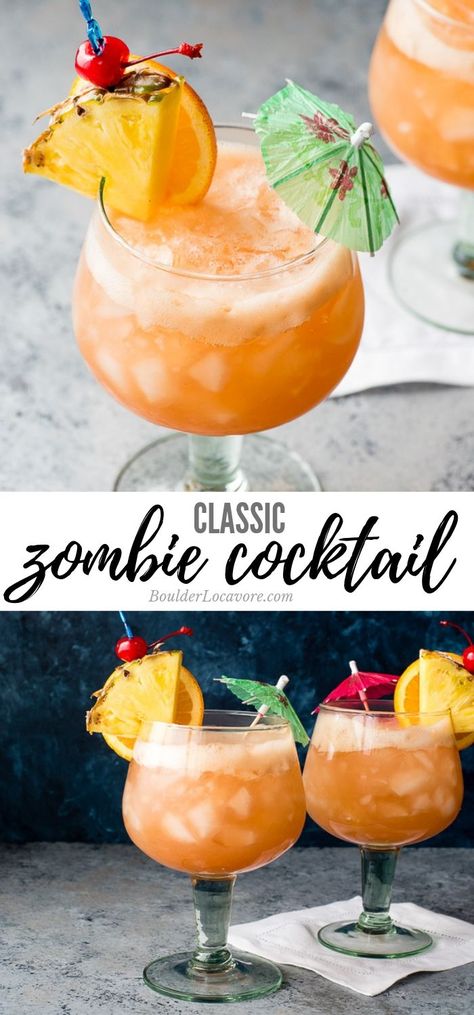 Zombie Recipe Cocktails, Zombie Cocktail Recipe, Zombie Drink Recipe, Cocktail Zombie, Zombie Drink, Fruit Juice Cocktails, Zombie Cocktail, Bartender Recipes, Reflux Recipes