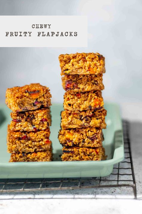 Two stacks of fruity flapjacks on a green baking tray. Fruity Flapjacks, Flapjacks Recipe, Flapjack Recipe, Ginger Cake, Oat Bars, Golden Syrup, British Food, European Food, Baking Tins