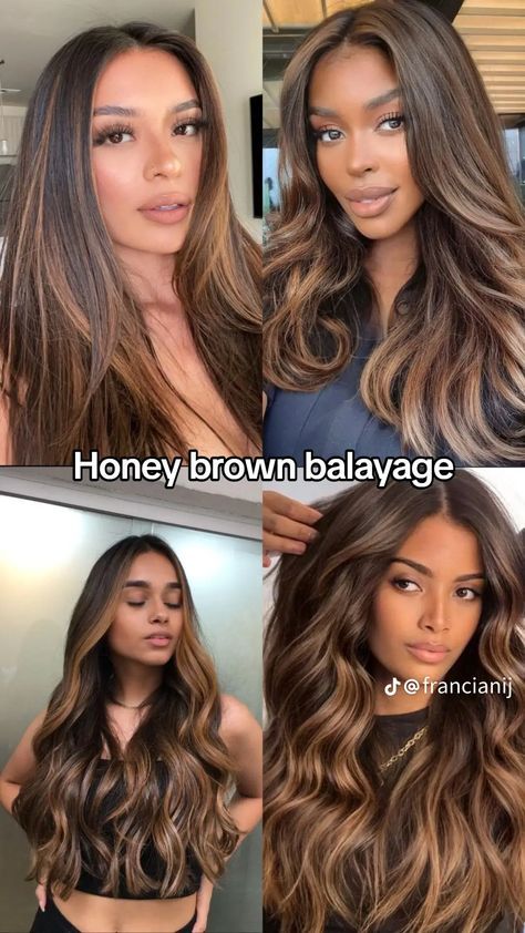 Embrace the beauty of caramel highlights! If you have dark brown hair, these highlights can add that extra spark you've been searching for! ✨ Unlock Your Best Look: 7 Reasons to Try Caramel Highlights on Dark Brown Hair! From enhancing your features to giving you that sun-kissed glow, it's time to shine! #CaramelHighlights #DarkBrownHair #HairMakeover #BeautyTrends #HairInspo #UnlockYourBestLook Caramel Hair Highlights On Black Hair, Brown Hair Colors For Olive Skin Tone, Hair Color Ideas For Morenitas, Hair Color On Mexican Women, Multidimensional Brunette Dark, Fall Hair Colors Medium Length, Highlights And Layers Brown Hair, Bright Caramel Highlights, Black Hair Caramel Money Piece