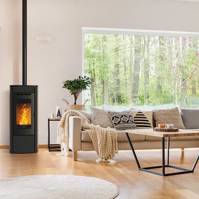 Modern Pellet Stove, Pellet Stove Ideas, Stove Decor, Stove Ideas, Metal Bird Wall Art, Wood Pellet Stoves, Wood Pellet, Into The Wood, Arched Doors