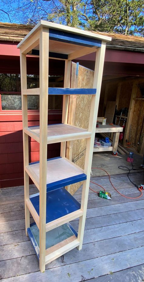 A DIY tutorial to build an open tower shelf. Make use of vertical space and build this tower shelf to organize books, display photos and more. #storage #diy Small Bathroom Storage Ideas Farmhouse, Diy Shoe Tower, Tower Shelf, Bathroom Tower, Cove Moulding, Small Storage Shelves, Skateboard Room, Organize Books, Books Display