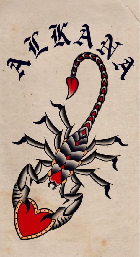 Scorpion Tattoo American Trad, Scorpion Tattoo Design Traditional, American Traditional Scorpion Tattoo Design, Trad Scorpion Design, Heart Scorpion Tattoo Traditional, Scorpion Neotraditional Tattoo, Scorpion American Traditional Tattoo, Trad Scorpion Tattoo, Traditional Tattoo Scorpion