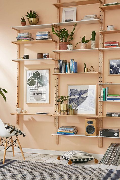 Inspiration for the Studio Shelving - Juniper Home Adjustable Wall Shelving, Diy Hanger, Unique Wall Shelves, Cool Shelves, Wall Storage Systems, Hangout Room, Wall Shelving Units, Diy Accent Wall, Uo Home