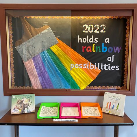 Library display bulletin board at rainbow class school book read Rainbow Of Possibilities, Rainbow Classroom, Library Display, Library Displays, Library Decor, School Books, A Rainbow, Bulletin Boards, Bulletin Board