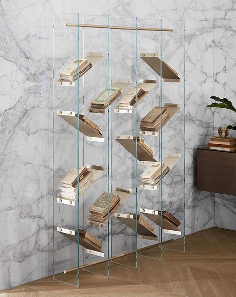 Slanted Shelves, Glass Bookcase, Brass Shelves, Contemporary Bookcase, Italian Interior Design, Italian Interior, Bookshelf Design, Glass Furniture, Shelving Systems