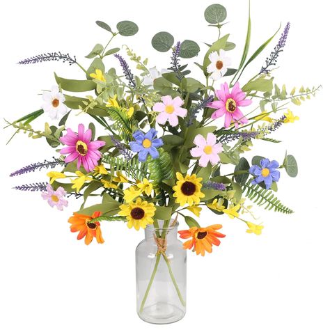 PRICES MAY VARY. Whimsical colors: This gerber daisy artificial flowers bouquet mixes elegant blues, purples, pinks, yellows, and oranges with bright green accents for any occasion that calls for colorful flowers that instantly brighten the room. Flower Variety: This beautiful wildflower arrangement features daisies and sunflowers, with spring flowers, Persian fern, eucalyptus leaves, lavender, and willow leaves as accents that come to life and look great alone in a vase or with other floral arrangements. Product Information: The package contains two bunches of faux summer flowers, each bunch contains four types of silk flowers and six types of green leaves, the length of 20 inches / 51 cm, the stem can be bent and adjusted, after receiving the goods, we recommend that you fully unfold the Wildflowers Bouquet, Daisy Bouquet, Willow Leaf, Flowers Colorful, Wedding Party Decor, Artificial Flower Bouquet, Office Christmas Decorations, Wildflower Bouquet, Home Indoor