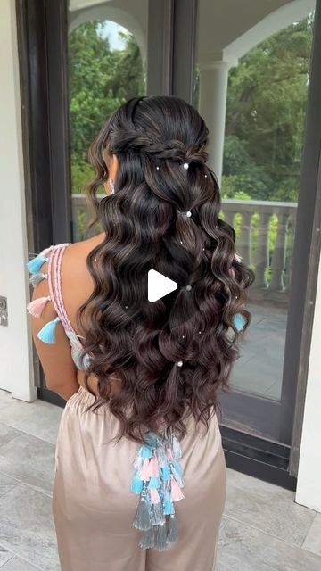 Christina on Instagram: "Bridal wavy Half up down with a twist braid  on this gorgeous Bride. 🤍 Hairstylist: Me @amazingkreations  Makeup: Bri @surrealbeautytx . reemamaknojia  Dress Designer: @anishamomin_luxuryclothing  . . .  . .  .  . . . . . . . . .  . . . . . . . #bridal #trending #bride #bridalstyle #bridesmaids #trendingreels #bridalhair #textureupdo #weddinghair #weddingdayinspo #fyp #weddingday #texturedpony #amazingkreations #sugarlanhairstylist #indianwedding #pakistaniwedding #engagement #mehndi #amazingkreations #sugarlandhairstylist #houstonstylist #htx #professionalhairstylist #hairstyles #kenraprofessional #texturedponytail #weddings #braids #paulmitchellpro #houstonhairstylist" Indian Hair Styles For Weddings, Mehndi Braids Hairstyles, Sangeet Hairstyles Bridesmaid Hair, Mehndi Hairstyles Bridesmaid, Hairstyles For Engagement Bride, Mehendi Hairstyles Brides, Mehndi Hairstyles For Bride, Indian Bride Hairstyles, Sangeet Hairstyles For Bride