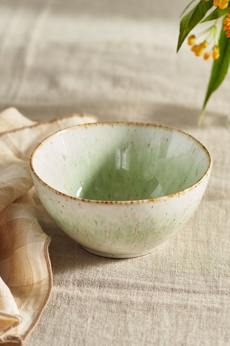 A reactive glaze in a soft green hue brings one-of-a-kind detail to each piece in this ceramic dinnerware collection. Dinnerware Sets Rustic, Ceramic Dish Set, Dinnerware Pottery, Green Dinnerware, Ceramic Dinnerware Set, Green Pottery, Pottery Pot, Glaze Ceramics, Reactive Glaze