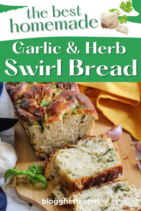 Impress your family and guests with this easy-to-make Homemade Garlic and Herb Swirl Bread. The stunning twist and flavors of this yeast bread will delight everyone. Great to serve with any pasta dish, soups, and more. Change out the herbs with rosemary, oregano, or a blend of Italian seasonings. via @blogghetti Bread Recipes Garlic Herb, Homemade Italian Herb And Cheese Bread, Garlic Herb And Cheese Bread, Bread Machine Garlic Herb Bread, Garlic Monkey Bread Recipe, Swirled Garlic Herb Bread, Pumpkin Drink Recipes, Swirl Bread Recipe, Pumpkin Pasta Sauce