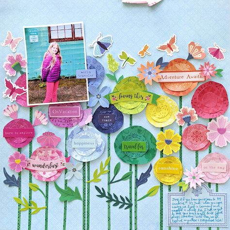 World Traveler Layout by Paige Evans | Paige Taylor Evans May Scrapbook Page, Paige Taylor Evans Scrapbooking, Paige Evans Blooming Wild Layouts, Paige Evans Scrapbook Layouts, Spring Scrapbook Layouts, Paige Taylor, Scrapbook Design Layout, Paige Evans, Scrapbook Design