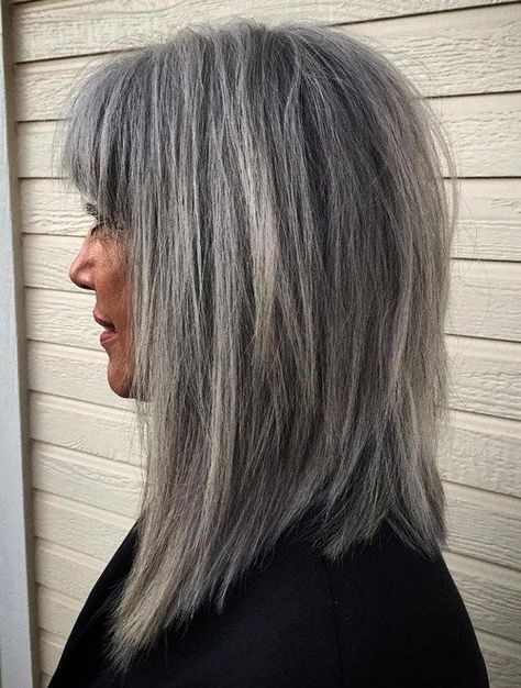 Medium Salt And Pepper Hairstyle With Bangs Grey Hair With Bangs, Salt And Pepper Hair, Gorgeous Gray Hair, Professional Hair Color, Beautiful Gray Hair, Gray Hair Cuts, Silver Grey Hair, Short Grey Hair, Gray Hair Highlights