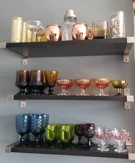 Glassware Shelf, Glassware Rack, Glassware Shelf Styling, Shelves For Glassware, Colored Glass Shelf, Vintage Barware Display, Cocktail Glass Display, Eclectic Wine Glasses, Bar Glasses Display