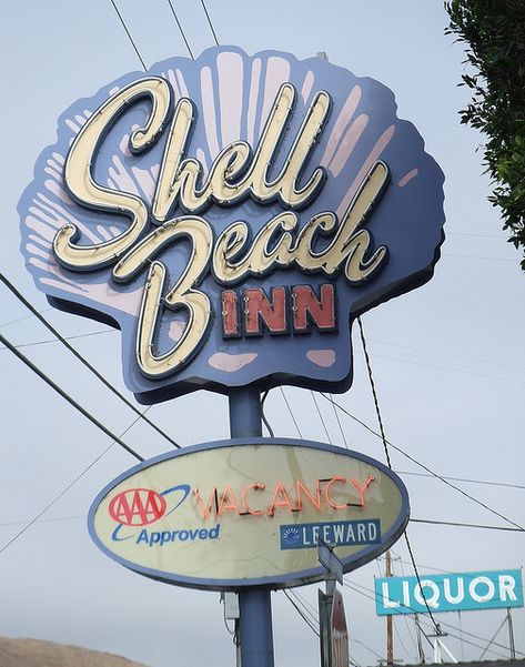 Shell Beach Inn.  Love old motel signs.  The one behind it is pretty cool too. Motel Logo Design, Vintage Hotel Sign, Vintage Motel Signs, Motel Sign Aesthetic, Cool Signs, Old Motel, Shell Logo, Motel Signs, Roadside Signs