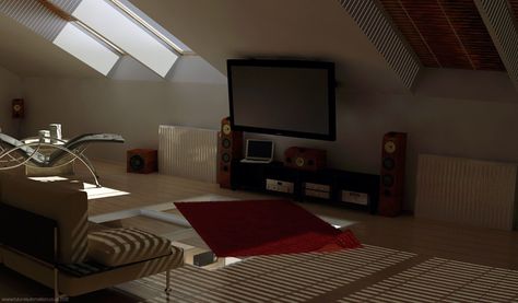 hanging a tv in an attic - Google Search Tv Slanted Ceiling, Attic Tv Room Sloped Ceiling, Attic Tv Room, Yellow Mansion, Capital R, Hanging Tv, Pitched Ceiling, Ceiling Tv, Tv Mounting