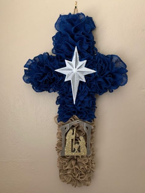 Nativity Cross Wreath, Christmas Wreath Cross, Cross Form Wreaths, Christmas Cross Wreath Diy, Burlap Cross Wreath Diy, Nativity Wreath Deco Mesh, Mesh Cross Wreath Diy, Cross Wreath Diy How To Make, Nativity Wreath Diy