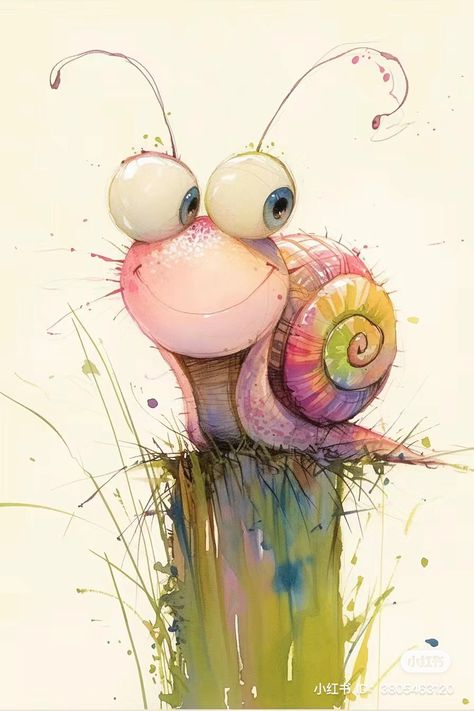 Drawings Of Snails, Whimsical Art Animals, Snail Painting Acrylic, Watercolor Snail Paintings, Snail Picture Art, Snail Drawing Color, Snail Artwork Cute, Animal Friendships, Unusual Animal Friendships