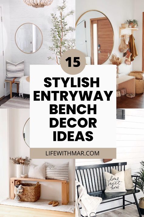 15+ Stylish Entryway Bench Decor Ideas - Life with Mar Entryway With A Bench Ideas, Entryway Bench Decor Modern, Black Bench In Entryway, Pillows On Bench Entry Ways, Entryway Ideas With Bench And Table, Entry Bench Decor Entryway Modern, Modern Entryway With Bench, Inside Bench Ideas, Bench Seating Entryway