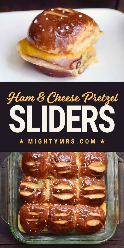 Pretzel Bun Dinner Ideas, Ham And Cheese Pretzel Sandwich, Ham And American Cheese Sliders, Kings Hawaiian Pretzel Bites Recipes, Ham And Cheddar Cheese Sliders, Pretzel Bun Sliders Recipes, Ham And Cheddar Sliders, Pretzel Roll Sandwich, Ham And Cheese Pretzel