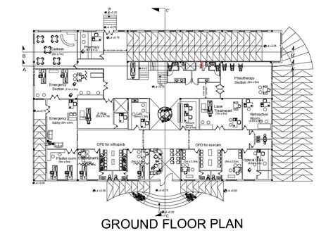 The hospital building ground floor plan with furniture layout CAD drawing that shows OPD for eyecare, OPD for orthopedic, emergency room, and physiotherapy section. Download the Autocad file. 100 Bed Hospital Floor Plan, Floor Plan With Furniture, Lobby Floor Plan, Hospital Floor Plan, Medical Clinic Design, Hospital Design Architecture, Hospital Plans, Hospital Building, Hospital Architecture