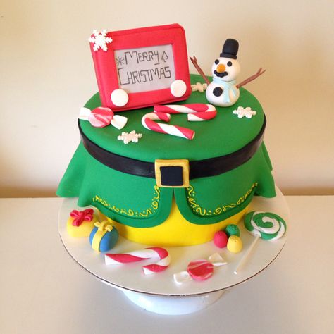 Buddy the Elf cake with etch-a-sketch by Kristy Dax A Christmas Story Cake, Buddy The Elf Cake Ideas, Buddy The Elf Cake, Elf Musical, December Baking, Elf Movie Party, Elf Cake, Christmas Reception, Elf Birthday