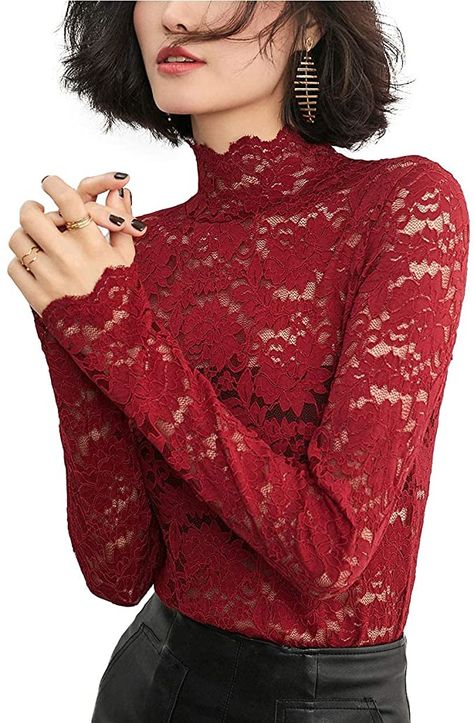 Women's Sexy Lace See Through Blouse Semi Sheer Long Sleeve Mock Neck Top Red XL at Amazon Women’s Clothing store Lace Shirt Outfit, Red Lace Shirt, Red Top Outfit, Lace Turtleneck Top, Layered Lace Top, Lace Summer Tops, Red And Black Outfits, Lace Turtleneck, Red Lace Top