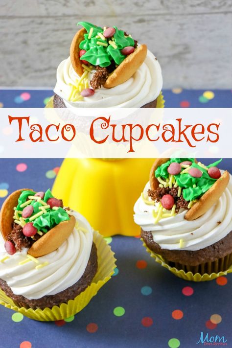 Taco Cupcakes for a fun Taco Night Dessert! #cupcakes #tacos #desserts #sweets #funfood #extremecupcakes Taco Themed Cupcakes, Taco Cake Birthday, Taco Themed Desserts, Taco Night Dessert, Taco Cakes, Taco Cupcakes, Taco Cake, Piñata Cake, Night Dessert