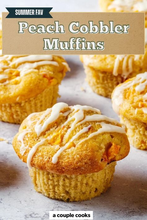 These peach cobbler muffins are a delicious mashup of a muffin with everyone’s favorite summer dessert! Each fluffy muffin is packed with juicy peaches and topped with a sweet vanilla glaze, capturing the warm, comforting flavors of peach cobbler in every bite. Cobbler Muffins, Peach Cobbler Muffins, Cold Dip Recipes, Peach Muffins, Winter Salad Recipes, A Couple Cooks, Couple Cooking, Vanilla Glaze, Best Gluten Free Recipes