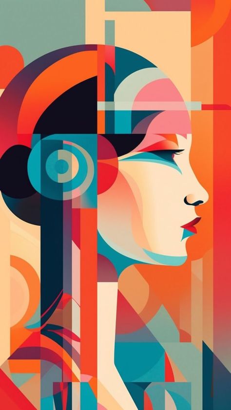 Woman With Headphones, Modern Artwork Abstract, Frida Art, Cubist Art, Geometric Shapes Art, Cubism Art, Afrocentric Art, Murals Street Art, Art Gallery Wallpaper