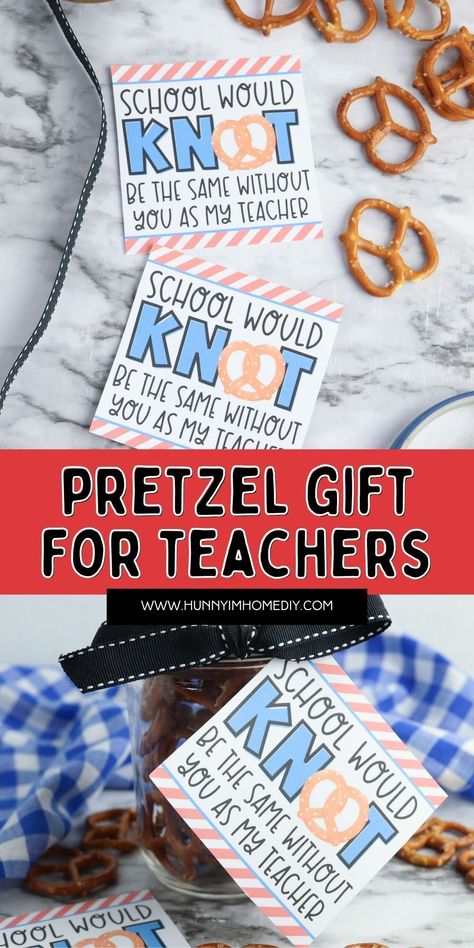 If you're looking for the best gifts for teachers, why not give a delicious snack? Any educator would love to receive this pretzel gift idea for Teacher Appreciation Day or the end of the school year. Grab your free printable tag and whip up this easy no bake gift to create this delicious mason jar present for your kid's teacher some love this year. Salty Snack Teacher Appreciation, Snack Appreciation Ideas, Pretzel Gift Ideas, Teacher Appreciation Pretzels, Free Teacher Appreciation Ideas, Teacher Snack Ideas, Snacks For Teachers, Teacher Appreciation Snacks, Teacher Appreciation Treats