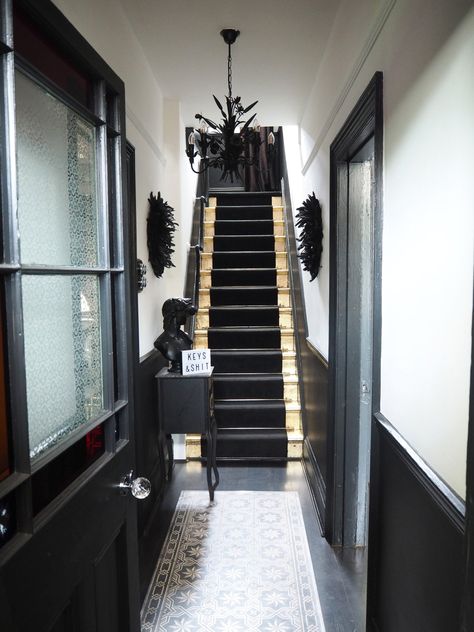 Stunning Monochrome Hallway Reveal with gold leaf gilded stairs Victorian Terrace Hallway, Monochrome Hallway, Terrace Hallway, Black And White Hallway, Black Hallway, White Hallway, Victorian Hallway, Hallway Makeover, Hallway Colours