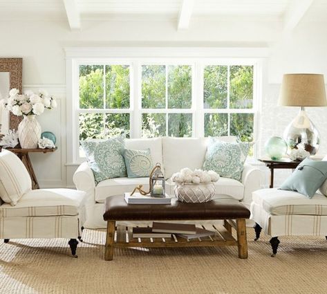 beach_living_room_pottery_barn Pottery Barn Living Room, Beach Living Room, Barn Living, Relaxing Time, Coastal Living Rooms, Coastal Living Room, Brown Living Room, Blue Living Room, A Living Room