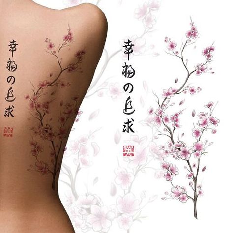 Sakura Tattoos For Women, Japanese Tree Tattoo Cherry Blossoms, Sakura Tattoo Design Cherry Blossoms, Traditional Sakura Tattoo, Back Cherry Blossom Tattoo, Cherry Blossom Tree Tattoo On Back, Sakura Back Tattoo, Japanese Cherry Blossom Tattoo Back, Japanese Back Tattoo Women