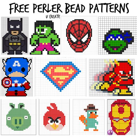 Free Perler Bead Patterns - boy themes! u-createcrafts.com Perler Beads Ideas, Art Perle, 8bit Art, Perler Bead Templates, Hama Bead, Motifs Perler, Melty Beads, Hama Beads Patterns, Pola Kristik