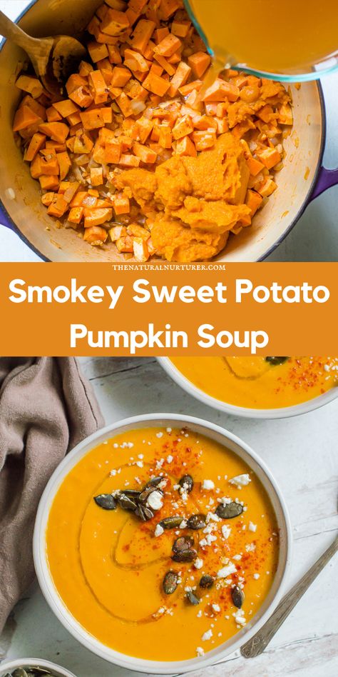 One-Pot Pumpkin Sweet Potato Soup is simple to make, creamy from a little yogurt, and brings out the savory side of these naturally sweet veggies thanks to smoked paprika and red pepper flakes. #veggieloaded Vegan Pumpkin Soup With Canned Pumpkin, Sweet Potato Pumpkin Soup, Pumpkin Sweet Potato Soup, Sweet Potato Pumpkin, Pumpkin Sweet Potato, Soup Night, Natural Nurturer, Cooking Vegetarian, Savory Pumpkin