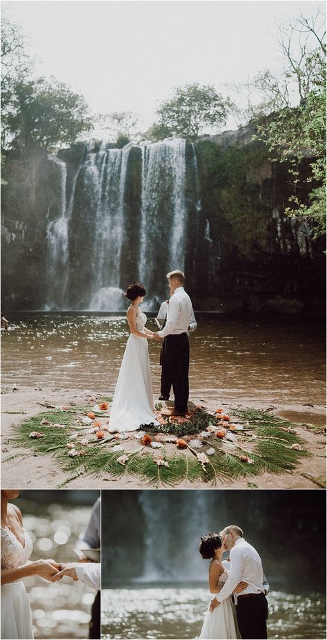 Access to this beautiful location is also fairly easy, within the past few years they have created sturdy steps with handrails to make the 5-minute hike down even easier - making it easily walkable in your wedding attire or for guests. • Llanos del Cortes Waterfall Elopement in Costa Rica • Mil Besos Waterfall Wedding Ideas, Costa Rica Waterfall Wedding, Waterfall Wedding Pictures, Elope In Costa Rica, Waterfall Wedding Ceremony, Costa Rica Elopement, Wedding Costa Rica, Picnic Elopement, Costa Rica Waterfall