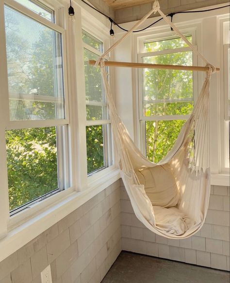 Reading Nook With Hammock, Hammock Chair In Living Room, Hanging Chair In Sunroom, Sunroom With Hammock, Hammock Reading Nook, Cute Hammock, Hanging Chair Aesthetic, Hammock Chair Living Room, Hanging Chair In Bedroom Aesthetic