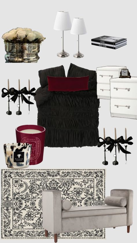 #bedroomdecor Black And Red Bedroom Aesthetic, Cozy Goth Bedroom, Trendy Dorm Room Ideas, Trendy Dorm Room, Minimalist Goth, Cozy Small Bedrooms, Goth Bedroom, First Apartment Decorating, Dorm Room Ideas