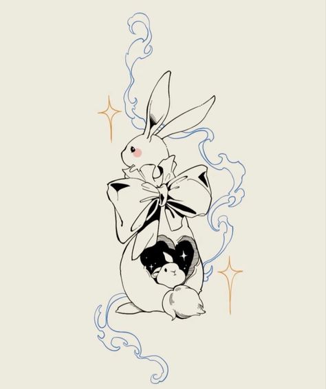 Present Tattoo Gift, Japanese Rabbit Tattoo Design, Cat And Rabbit Drawing, Evil Bunny Tattoo, Creepy Bunny Drawing, Bunny With Wings, Line Art Bunny, White Rabbit Illustration, Fairy Bunny