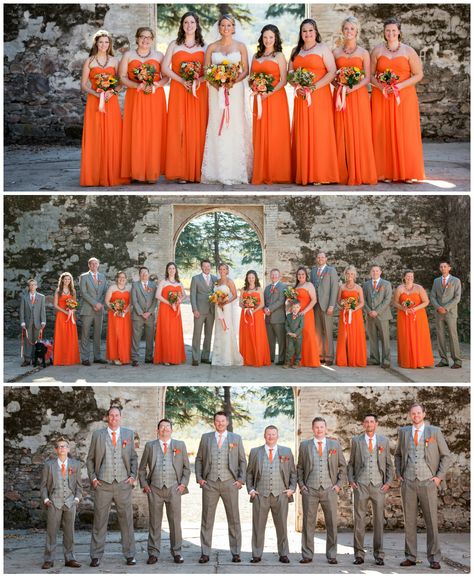 Orange bridesmaid dresses and gray groomsmen suits.  First look pictures were taken in the wine ruins at Kunde Winery in Kenwood, CA.  The dresses are from Tulle and Chantilly, and the suits are from Mens Wearhouse.  Orange and gray wedding.  Orange and grey wedding. Orange Grey Wedding, Orange Wedding Theme, Gray Groomsmen, Wedding Suits Men Grey, Gray Groomsmen Suits, Orange Wedding Themes, Orange Wedding Colors, Groomsmen Grey, Nerdy Wedding