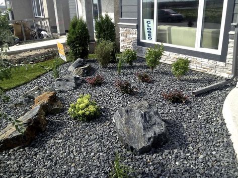 Black Boulders Landscaping, Grey Rocks Landscaping, Grey Landscaping Rock, Slate Stone Landscaping, Black Slate Landscape Rock, Black Lava Rock Landscaping Ideas, Black Landscaping Rock Front Yards, Black Granite Landscaping Rock, Granite Rock Landscaping