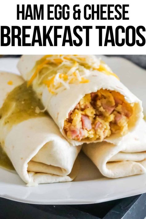 Easy Ham, Egg, and Cheese Breakfast Burritos Recipe Ham And Cheese Breakfast Burritos, Breakfast Burritos Ham Egg Cheese, Ham And Egg Burrito, Ham Breakfast Burritos, Breakfast Ideas With Ham, Burritos Recipes, Easy Breakfast Burritos, Eggs Cheese Breakfast, Breakfast Favorites