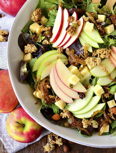 Apple Orchard Salad with Maple-Dijon Vinaigrette will transport you to the orchard any time of year! Full of apples, cheese, caramelized onions, and granola clusters, it is fresh, flavorful, and fun! | iowagirleats.com #glutenfree #salad #recipe Orchard Salad Recipe, Italy Yacht, Seaside Party, Granola Clusters, Side Salad Recipes, Dijon Vinaigrette, 2b Mindset, Mind Diet, Cranberry Almond