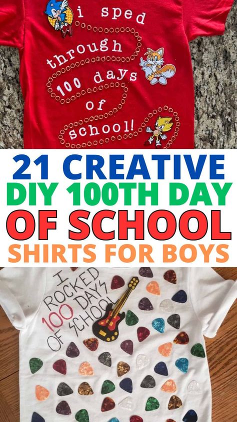 Discover creative and unique DIY 100th day of school shirts for boys that come together super quickly and look super cool! Homemade 100 Days Of School Shirt, Easy 100 Days Of School Shirt Diy, Spiderman 100 Days Of School, 100 Days Of School Harry Potter, 100 Things Shirt Ideas, 100 Day Cape School Projects, I Survived 100 Days Of School Shirt, 100s Day Shirt, 100th Day Shirt Ideas