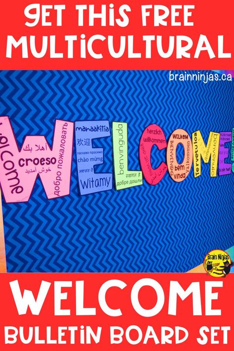 Welcome your students in their own language with this free bulletin board set. Creating an inclusive classroom starts by inviting everyone in regardless of the language they speak. It's also super easy to set up this bulletin board and your students can even help you get it all set up. Welcome In Different Languages Bulletin Board, World Language Bulletin Board Ideas, Inclusion Bulletin Board Elementary, Meet Our Teachers Bulletin Board, We All Smile In The Same Language Bulletin Board, Dual Language Bulletin Boards, Esl Classroom Decor Bulletin Boards, Ell Bulletin Board Ideas, Esol Bulletin Board Ideas