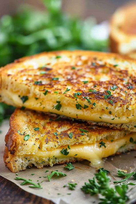 Cheesy Garlic Bread Grilled Cheese Grilled Cheese Gouda, Garlic Butter Grilled Cheese, Garlic Bread Grilled Cheese Sandwich, Grilled Cheese In Oven, Oven Grilled Cheese, Grilled Bread Recipes, Garlic Grilled Cheese, Sourdough Grilled Cheese, Garlic Bread Grilled Cheese