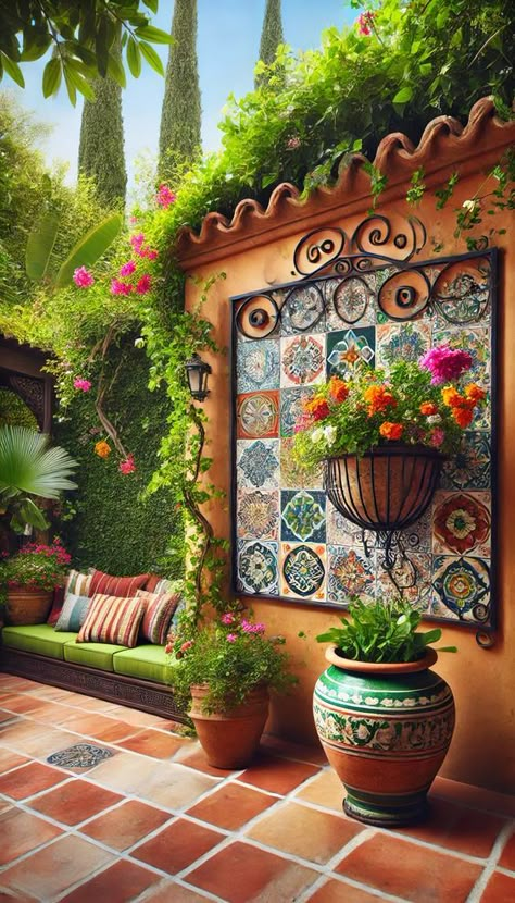 Transform Your Space: 21 Stunning Outdoor Wall Decor Ideas You Need to See! 🌸🌿✨ Mexican Outdoor Decor, Outdoor Wall Decor Ideas, Mexican Patio Ideas, Hacienda Decor, Terracotta Flooring, Mexican Hacienda, Hacienda Style Homes, Patio Wall, Mexican Home Decor