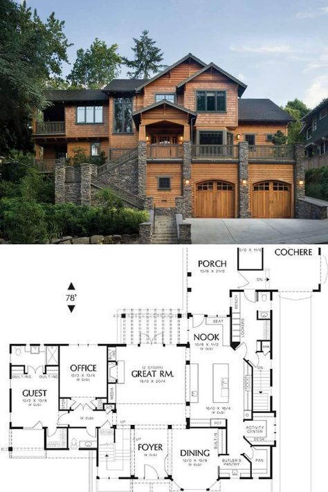 Two Story Blueprints, 4 Bedroom Mountain House Plans, Mountain House Floor Plans, House Blueprints Two Story, Wooden House Plans, Sloping Lot House Plan, Mountain Craftsman, Mountain Interiors, Unique House Plans