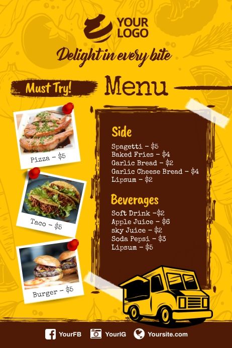 Food truck menu poster flyer | PosterMyWall Food Truck Flyer Ideas, Fast Food Flyer Design, Spagetti Pizza, Food Truck Flyer, Truck Necessities, Menu Poster, Food Truck Menu, Standee Design, Barbeque Recipes